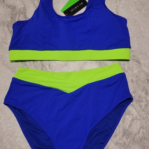 Tempt Me Blue & Neon Green Colorblock Bikini Set | High-Waist V-Front | Large NW - Picture 2 of 2
